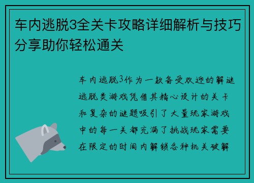 车内逃脱3全关卡攻略详细解析与技巧分享助你轻松通关